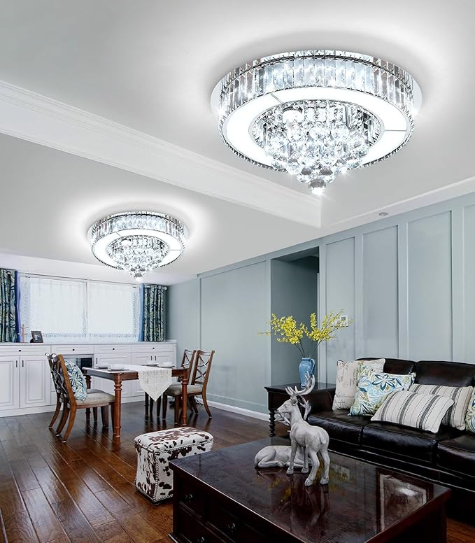 19.6'' Silver Modern Crystal Chandeliers for Dining Room LED Dimmable Light Fixtures Flush Mount Light Living Room Bedrooms