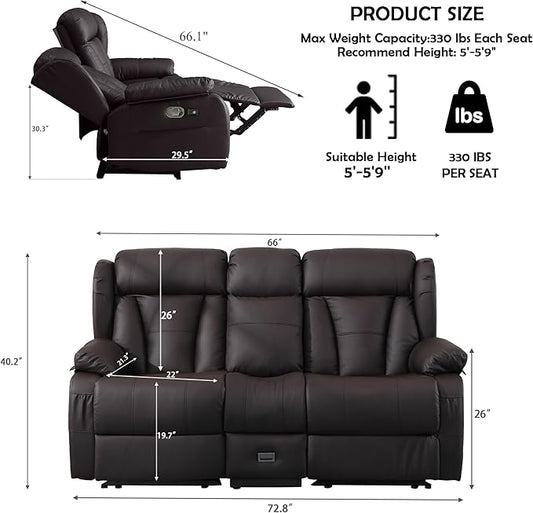 72.8" Loveseat Recliner Sofa, Manual Reclining Couch with Console, AC Outlet & USB-A/USB-C Ports, Wall Hugger RV Sofa for Living Room & Home Theater with Cup Holders (Brown Console with LED)