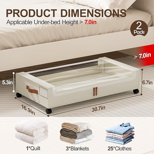 LAMU Under Bed Storage with Wheels, 2 Pack Under Bed Storage Containers with Clear Lid, XXL 60L Underbed Storage Bins, Rolling Under Bed Metal Drawers for Clothes, Blankets, Shoes, Beige