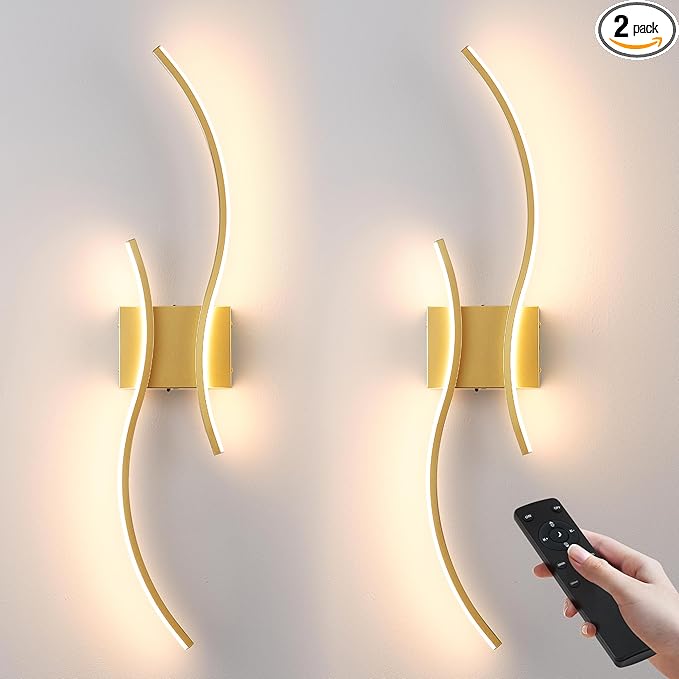 Battery Operated Wall Sconces Set of Two with Remote Control, Battery Wall Light, Stepless Colors 3000K-6000K & Dimming, Gold Led Wall Lights for Living Room, Hallway, Bedroom, 27.5 Inch (2 Pack)