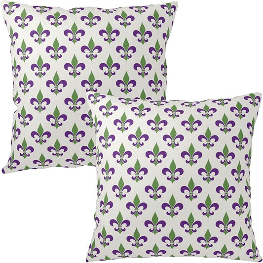 Mardi Gras Throw Pillow Covers 18x18 Set of 2 Purple Green Fleur De Lis Pillow Cases Outdoor Holiday Decorative Pillow Covers Home Sofa Couch Porch Decor