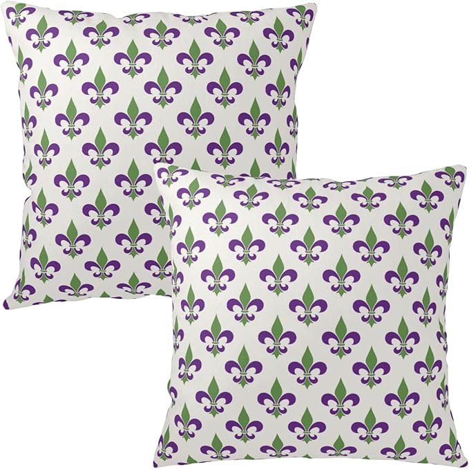 Mardi Gras Throw Pillow Covers 16x16 Set of 2 Purple Green Fleur De Lis Pillow Cases Outdoor Holiday Decorative Pillow Covers Home Sofa Couch Porch Decor