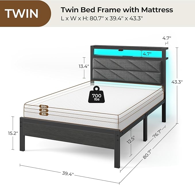 Seventable Twin Bed Frame with 6 Inch Gel Memory Foam Mattress, LED Metal Platform Bed with USB Charging & Storage Headboard, Grey, CertiPUR-US Certified Mattress