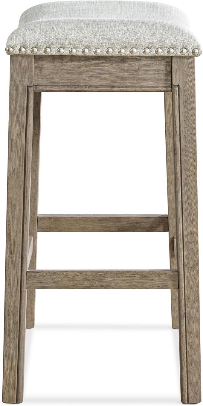 ROME + OAK Set of 4 Parker 26" Counter Stool, Backless Saddle Kitchen Barstool in Reclaimed Oak Finish with Ash Grey Fabric Upholstery Cushion Seat