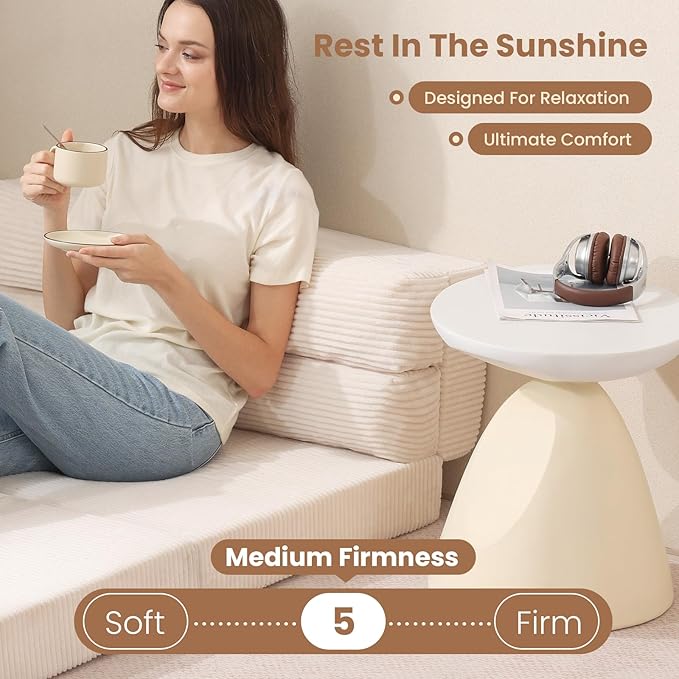 JUIKURY Folding Sofa Bed, Convertible Sleeper Chair with Pilow Foldable Matress, 2 in 1 Pull Out Loveseat Sofa Portable Fold Out Chair Bed Floor Couch Lounge for Living Room Bedroom (Beige, Full)