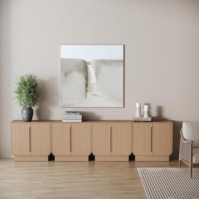 Nathan James Joey Mid Century Modern Storage Cabinet, Arched Accent Cabinet with Rounded Bottom Edges and Integrated Door Pull Cutouts, Raw Oak Set of 4