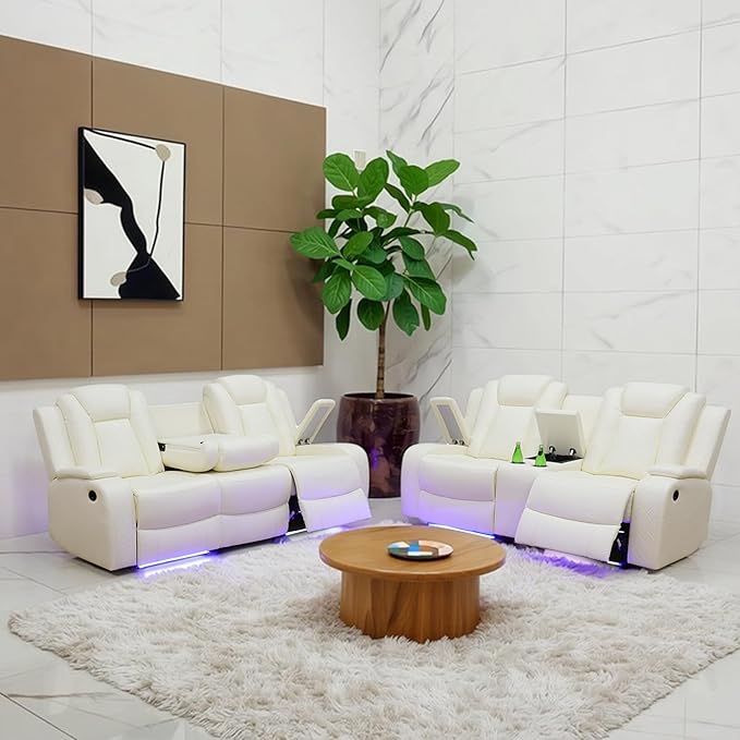 Breathing Leather Power Recliner Sofa Set, 2 Piece Leather Couch and Loveseat Set, Living Room Furniture Set with Storage Console/LED Lighting (Creamy White, Sofa+Loveseat)