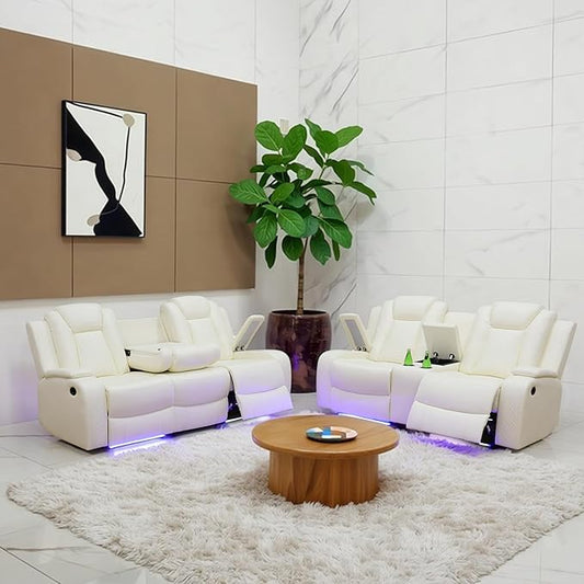 Breathing Leather Power Recliner Sofa Set, 2 Piece Leather Couch and Loveseat Set, Living Room Furniture Set with Storage Console/LED Lighting (Creamy White, Sofa+Loveseat)