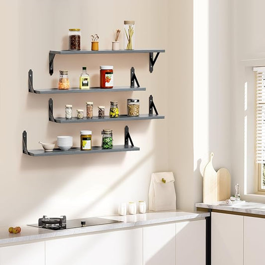 Wood Floating Shelves Set of 4, Rustic Storage Decor Wall Shelves, Wall Mounted Shelf for Living Room, Bedroom 23.6" x 6", Grey