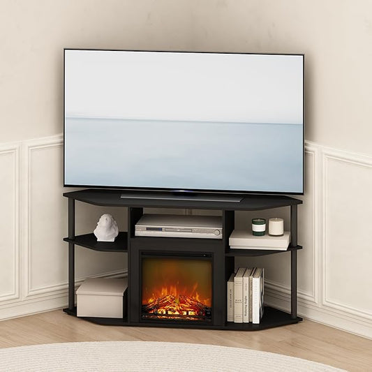 Furinno Jensen Fireplace TV Stand, NO Heat Decorative Electric Fireplace Corner Open Shelf TV Stand for TV up to 55 Inch, for Living Room, Dark Americano