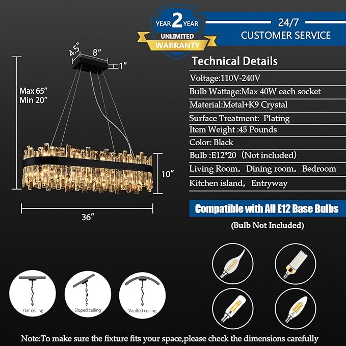 Black Crystal Chandeliers for Dining Room, 20 Lights Modern Oval Chandelier for Lining Room, Rectangular Crystal Pendant Light Fixture for Kitchen Island Bar L36 Inch