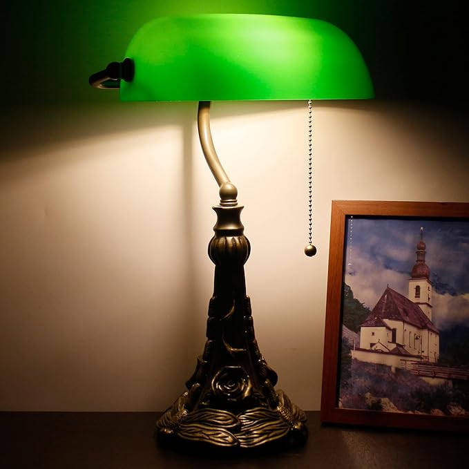 Tiffany Banker Lamp Small Stained Glass Table Lamp Tiffany Style Piano Light Green Glass Style Desk Lamp Angle Adjustable 10.6X15.7Inch for Home Office Living Room Bedroom
