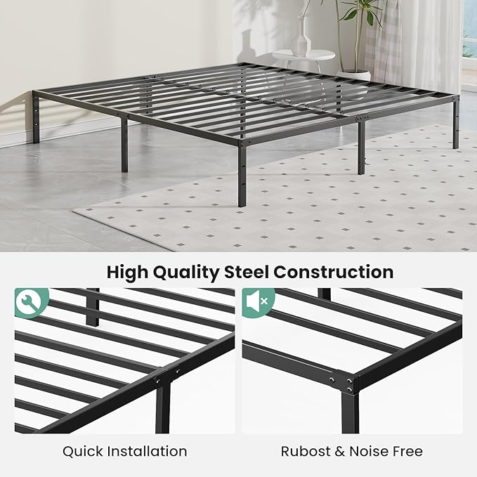 Sweetcrispy Queen Size 12 Inch Platform Bed Frame, Heavy Duty Metal Foundation Frame, Noise-Free Sturdy Steel Slats, Underbed Storage, No Box Spring Needed, Quick Setup