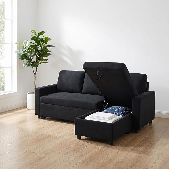 Pull Out Couch, L Shaped Sectional Couch with Pull Out Bed, Convertible Sofa Bed with Storage Chaise, Queen Size Sleeper Sofa, Sofa Bed Couch, Sleeper Sofa with Storage, Black