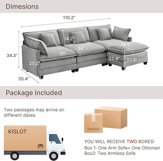 KISLOT 122" Oversized Modular Sectional Sofa,L-Shaped Cloud Couch with Movable Ottoman,Thick Cushions,4 Deep Seats with 5 Throw Pillows Sofa Couch Set for Living Room, Bedroom | Wood Frame
