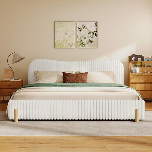 Merax Sleek Boucle Upholstered Bed with Wavy Headboard & Vertical Stitching,King,White
