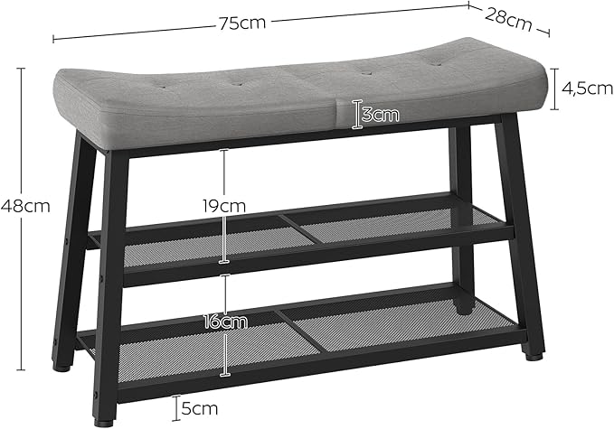 Shoe Bench, 3-Tier Shoe Rack, Entryway Bench with Storage and Cushion, for Hallway, Foyer, Bedroom, Gray and Black HX02BG