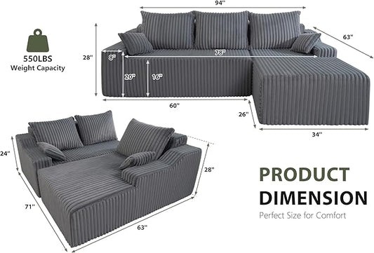 HABUTWAY 94'' Cloud Sectional Couch, Boneless Sofa with Deep Seat, Modular Comfy L-Shape Couch with Chaise for Living Room Bedroom, No Assembly Required(Grey,Right Facing Chaise)
