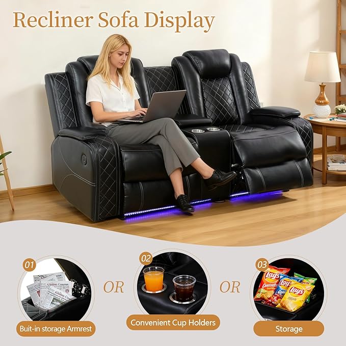 Power Leather Reclining Loveseat Sofa with LED Light,Double Recliner Sofa Love Seat with Storage Console/USB Port/Cup Holder,Leather Couch for Living Room Furniture Sets(2 Seats,Black)