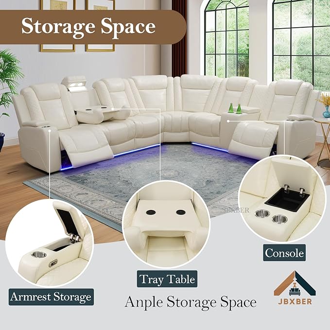 Power Recliner Sectional Sofa Set, Creamy Leather Sectional Couch for Living Room, L Shape Reclining Sofa with Cup Holder, Hidden Storage, Drop-Down Table for House(6 Seat)
