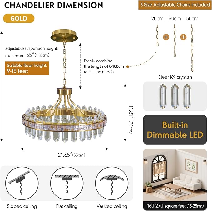 Gold Round LED Crystal Chandelier for Dining Room - 21.6" Luxury 3 Colors Stepless Dimmable Chandeliers,Modern Adjustable Height Pendant Ceiling Light Fixture for Living Room Foyer With Remote Control