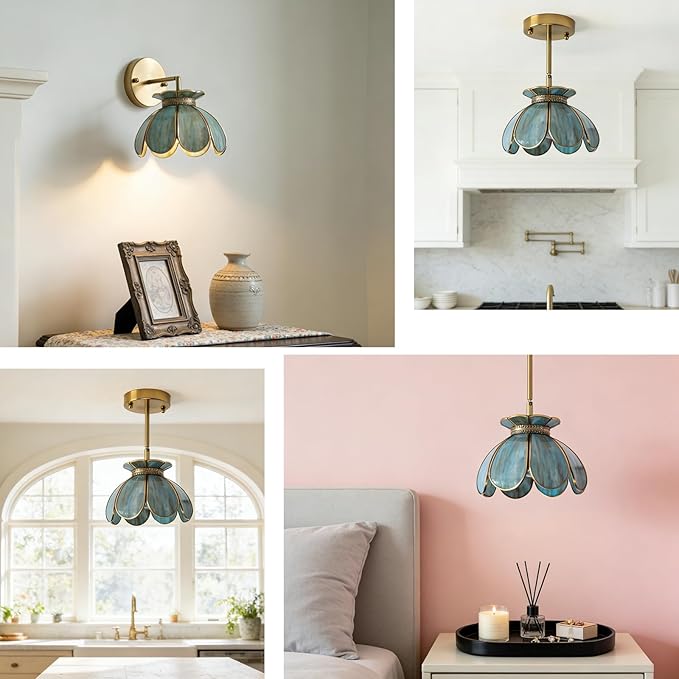 Vintage Brass Ceiling Pendant Light with Stained Lotus Flower Blue Glass Shade,Oriental Hanging Lamp or Wall Sconces Dual-Purpose, for Kitchen Island Dining Room Bedroom Living Room-7.9" Shade
