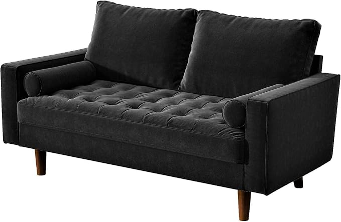Container Furniture Direct Womble 58 Inch Velvet Loveseat Sofa with Elegant Button Tufted Upholstery, Square Arms, Splayed Wood Legs, Includes Matching Bolster Pillows, Midnight