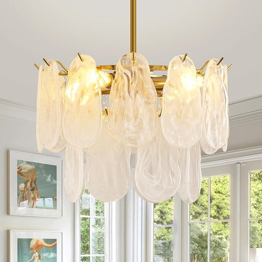 Modern Gold Cloud Glass Chandeliers, 15.7 Inches Creative Crystal Pendant Ceiling Fixture, 2 Tier Luxury Height Adjustable Chandelier, 4-Light for Bedroom Living Room Dining Room Hallway Foyer (E12)