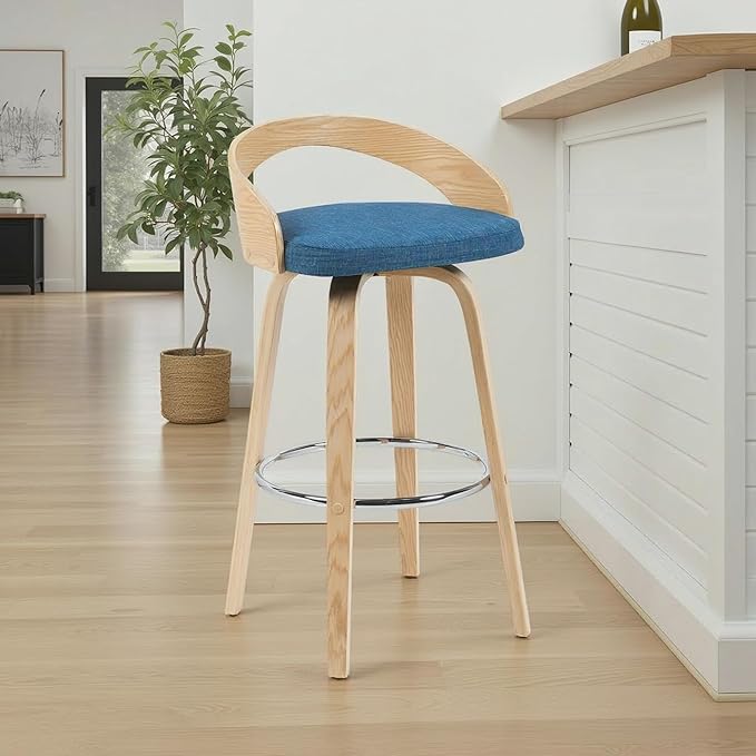 Sonia Modern Swivel Bar Height Stool with Blue Upholstered Seat and Patterned Oak Wood Finish Set of 3