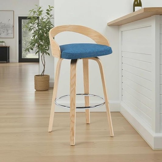 Sonia Modern Swivel Bar Height Stool with Blue Upholstered Seat and Patterned Oak Wood Finish Set of 3