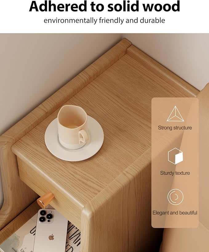 Narrow Nightstand with 3 Drawers,Solid Wood Narrow Bedside Table Natural, Modern Skinny Nightstand for Bedroom(Fully Assembly)