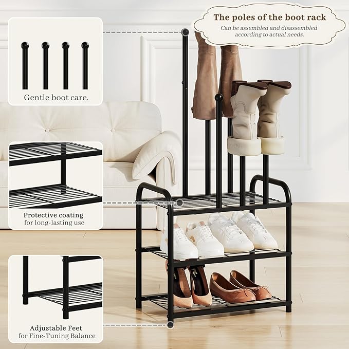 Shoe Rack - 3-Tier Metal Boot Rack Organizer for Entryway, Closet & Garage, Free Standing Shoe Shelf for Storage Tall Boots, Sneakers, Cowboy Boots, Black (Small - 4 Pairs)