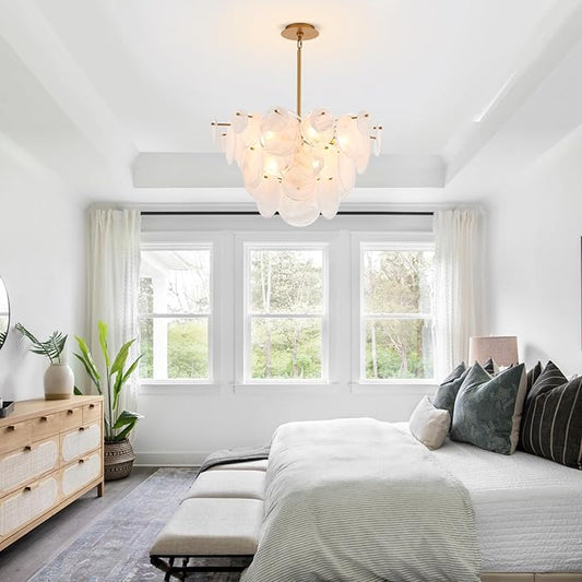 Dia 28 Inch, Modern Glass Chandeliers for Bedroom, Gold Dining Room Light Fixture, Large Vintage Pendant Chandelier for Living Room Stairway Entryway Kitchen Farmhouse Foyer