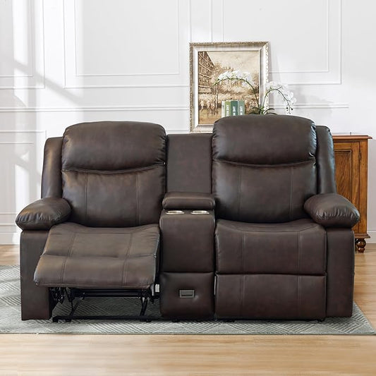 Manual Reclining Loveseat with Massage and Heat, Double Recliner Sofa with Center Console, Cup Holders & Storage for Living Room, RV (Brown)