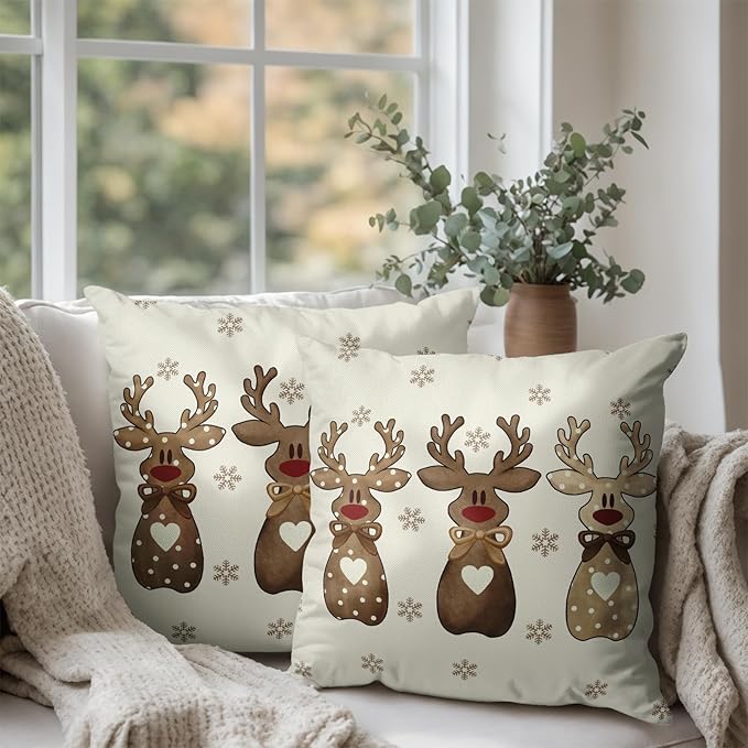 Christmas Reindeer Snowflakes Pillow Covers 22x22 Set of 2 Xmas Polka Dot Love Heart Bow Brown Elk Deer Throw Pillows Cute Winter Holiday Farmhouse Outdoor Cushion Cases for Sofa Couch
