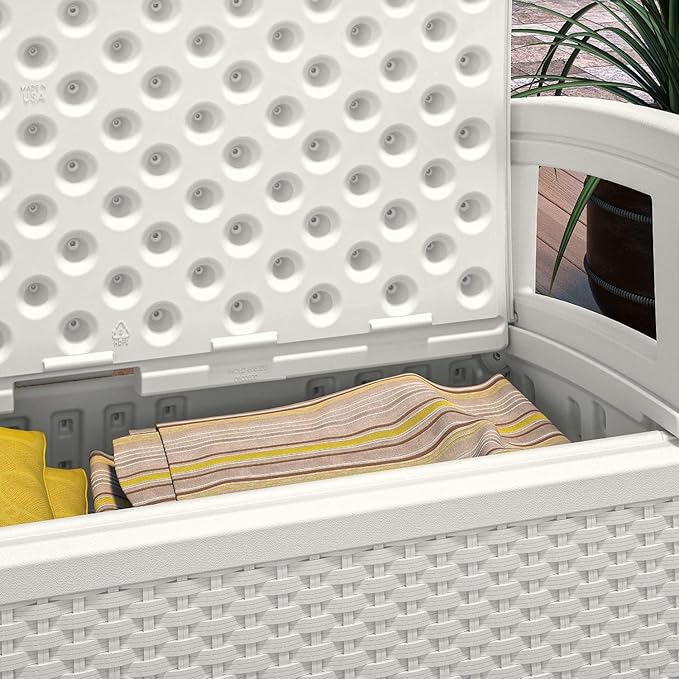 Suncast Elements Stylish Lightweight Loveseat Outdoor Seating with Convenient Built In Universal Storage, and All Weather resin, White