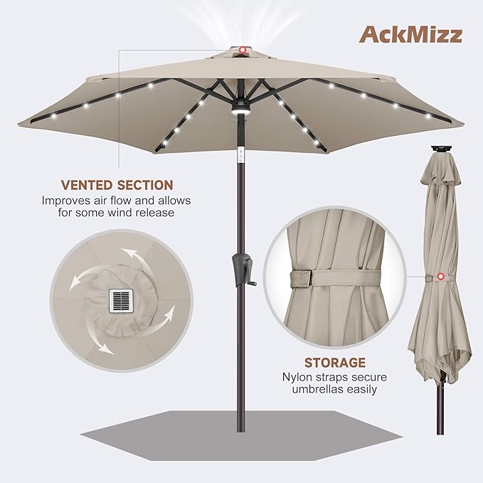 7.5FT Solar Umbrella Outdoor - Lighted Solar Patio Umbrella with 24 LED Lights Waterprool UV Protection, Table Umbrella with Tilt for Pool, Porch, Garden, Deck, Backyard (Taupe)