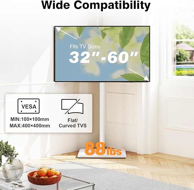 TVON Floor TV Stand with Mount for Most 32-60 Inch TVs up to 88lbs, Height Adjustable TV Floor Stand with Wood Base for Space Saving, Tall Floor TV Stand for Bedroom, Corner & Living Room, White
