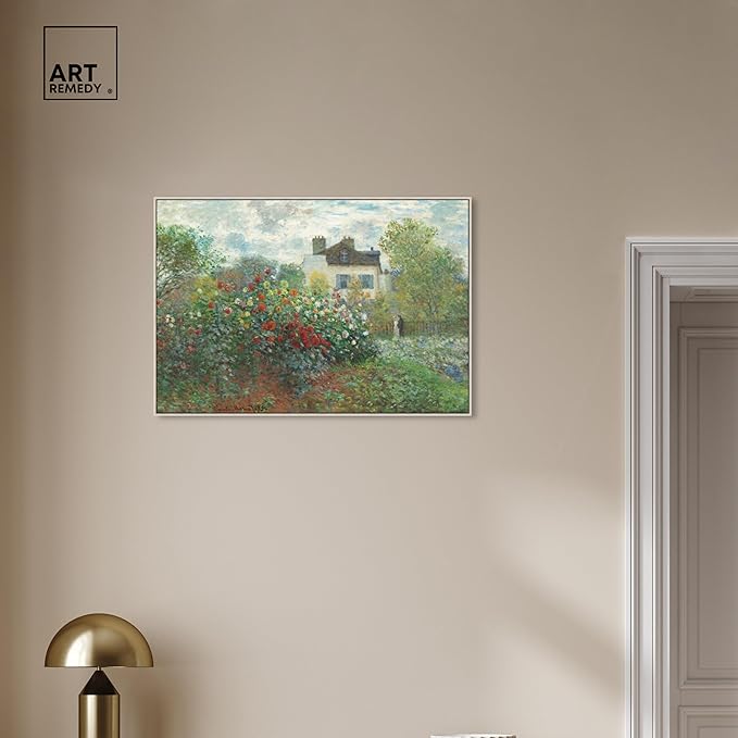 Art Remedy Monet-Garden With Dahlias Impressionism Classic Landscape Paintings Canvas Wall Art, Silver Floater Frame, 30"x45"