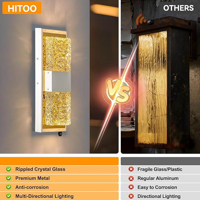 Dusk to Dawn Outdoor Lighting,Exterior Lighting Fixtures IP65 Waterproof Porch Lights Outdoor 12W LED Crystal Modern Outside Wall Sconce for Porch Hallway Doorway Patio,14.2'' White&Gold 2PCS
