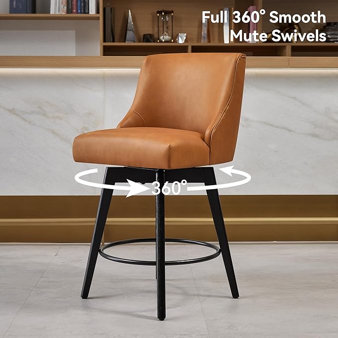 Vipbear Counter Height Bar Stools Set of 4, 26" H Swivel Bar Stools with Backs, PU Leather Upholstered Bar Chairs with Solid Wood Legs for Kitchen Island, Dining Room, Home Bar, Brown