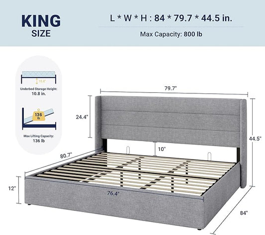 Allewie King Size Lift Up Storage Bed, Modern Wingback Headboard, Hydraulic Support, No Box Spring Needed, Light Grey