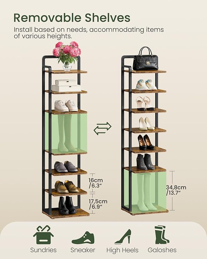 8-Tier Vertical Shoe Rack, Narrow Shoe Tower, Corner Shoe Storage Organizer, Shoe Shelf, for Small Spaces, Industrial Style, for Entryway, Hallway, Living Room, Rustic Brown and Black TXJ08BF