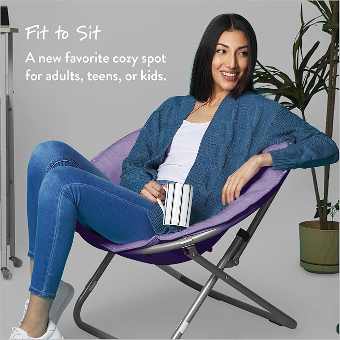 Urban Lifestyle Faux Fur Saucer Chair,Purple/Silver, 22" D x 32" W x 29" H, Cozy Foldable Accent Chair for Teens, Kids, Dorms & Bedrooms