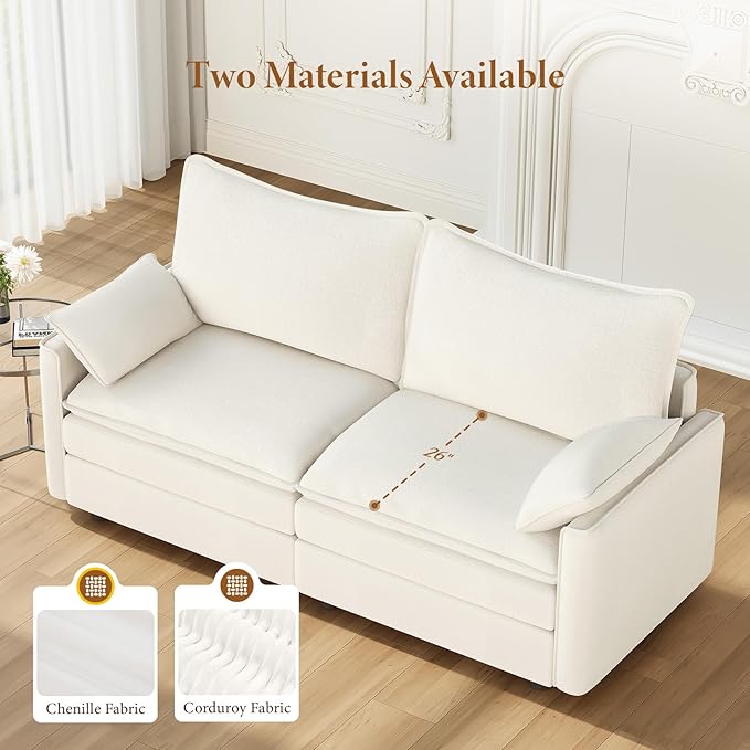 Vesgantti 74" Loveseat Sofa for Living Room, Comfy Cloud Couch Deep Seat Chenille Modern 2 Seater Small Sofa with Armrest Pillow, Easy Assembly for Small Spaces, Snow White | Sink-in Comfort, Height Adjustable, Easy Rearrangement, Extra-deep Ottoman, S...