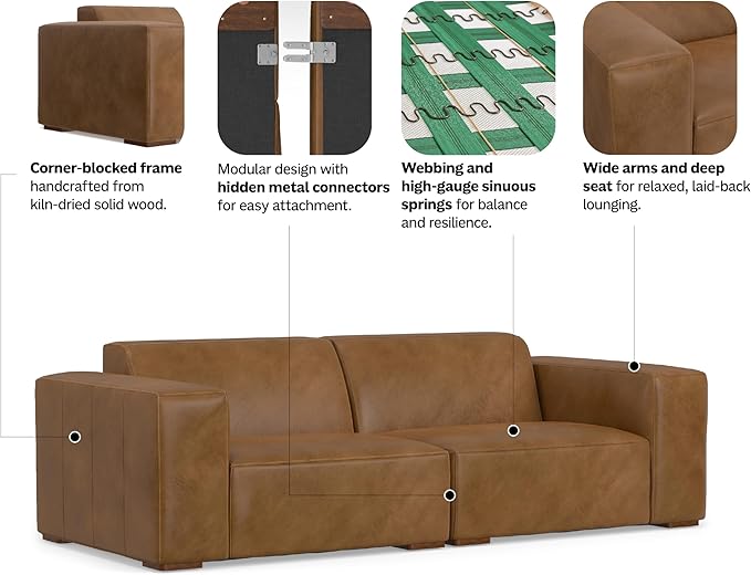 SIMPLIHOME Rex 2-Seater Modular Sofa in Full-Grain Genuine Leather, Caramel Brown, 88-inches Wide, Handcrafted Leather Loveseat Sofa for Living Room