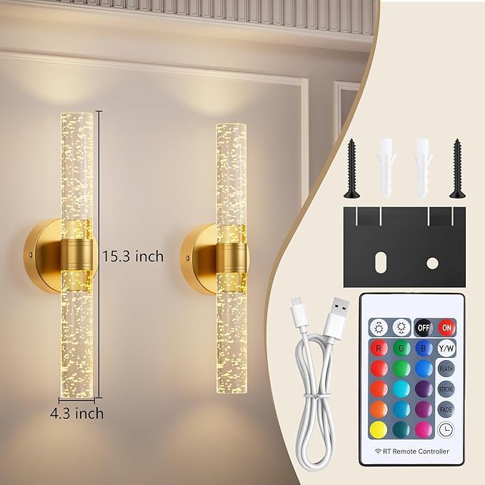 Gold Battery Operated Wall Sconces Set of 2, 13000mAh Rechargeable Wall Lights with Remote Control, 15 Color Dimmable Wireless Crystal Wall Sconce for Bedroom Living Room Hallway Party (2 Pack)