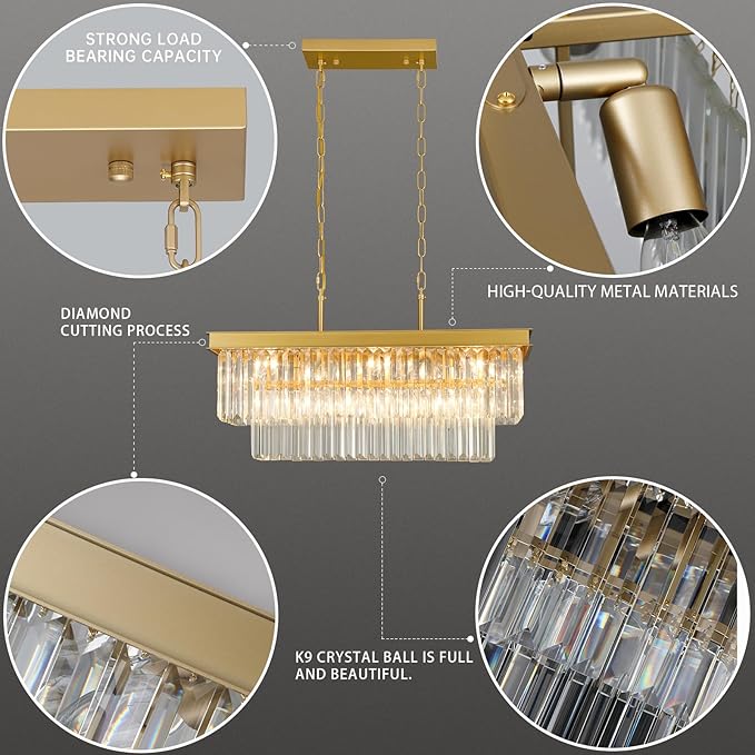 Crystal Chandeliers for Dining Room Light Fixtures Over Table，9-Lights Gold Modern Rectangle Chandeliers for Kitchen Island Bar L28 Inch