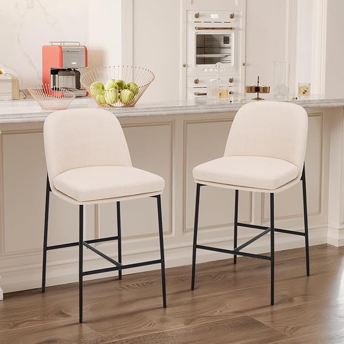 Bar Stools Set of 2, Modern Upholstered Counter Height Bar Chairs with Cushioned Seat and Curved Back, Fabric Kitchen Island Stools with Sturdy Metal Legs for Dining Room Island Bar, Beige
