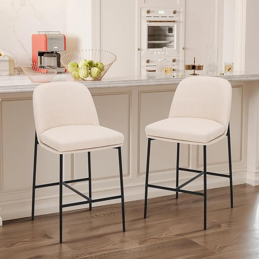 Bar Stools Set of 2, Modern Upholstered Counter Height Bar Chairs with Cushioned Seat and Curved Back, Fabric Kitchen Island Stools with Sturdy Metal Legs for Dining Room Island Bar, Beige
